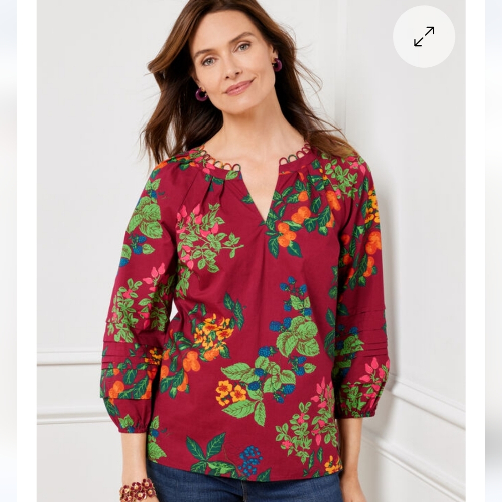 Talbots brick red floral & fruit cotton 3/4 sleeve top